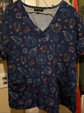 Options Navy Pumpkin Print Scrub Top